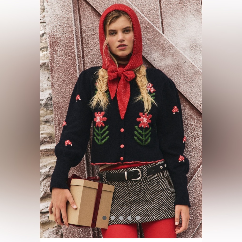 Free People Floral Knit Cardigan Red Accents Size Small